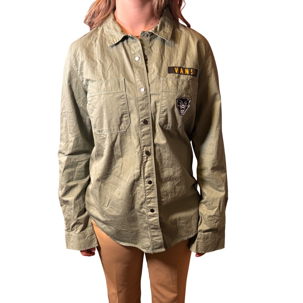 Vans Utility Shirt Mens L Green Good Long Sleeve Panther Patch Button Up Logo - Picture 1 of 8
